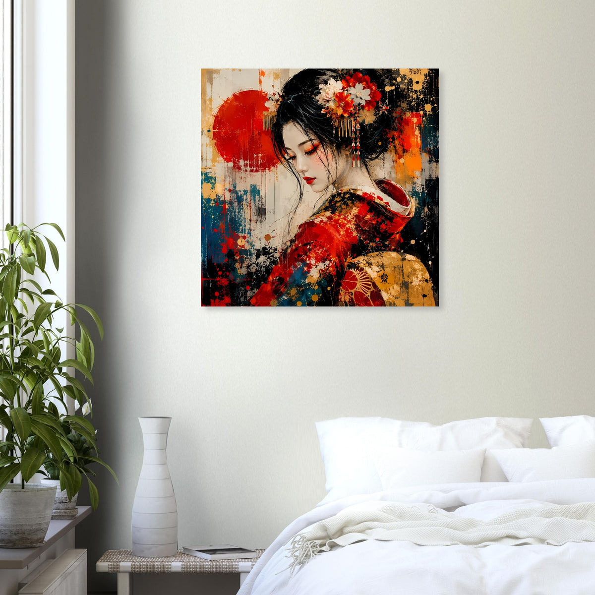 Wandposter mit Geisha im roten Kimono, goldene Akzente und florales Haarornament.
