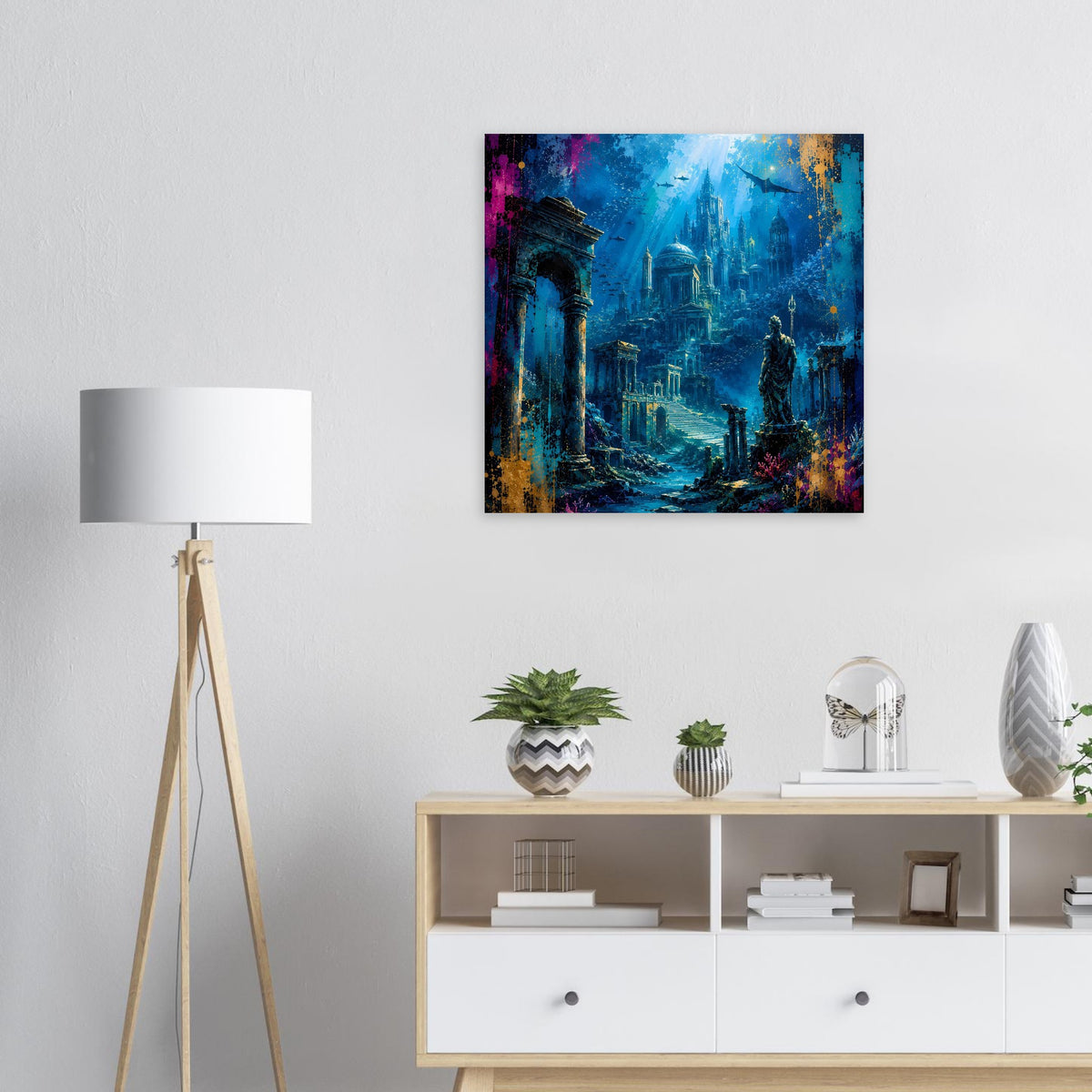 Quadratisches Poster mit Unterwasserwelt Atlantis, blauer Stadtlandschaft und Farbakzenten