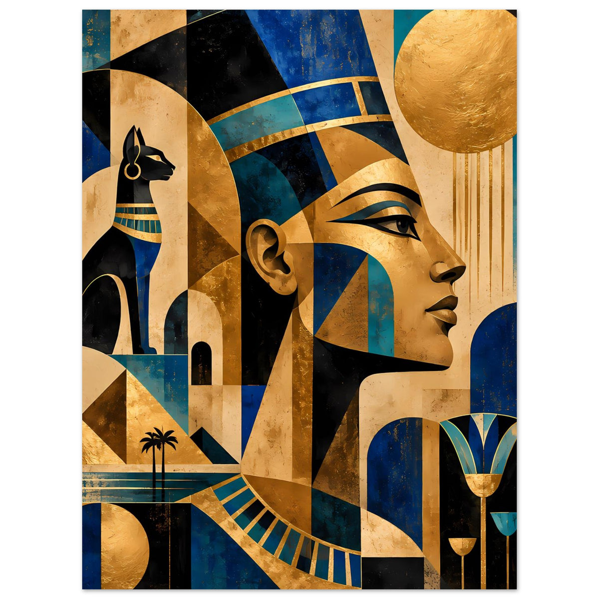 Ägyptisch inspiriertes Poster mit Pharaonen-Profil, blauen und goldenen Geometrien sowie Kreisen
