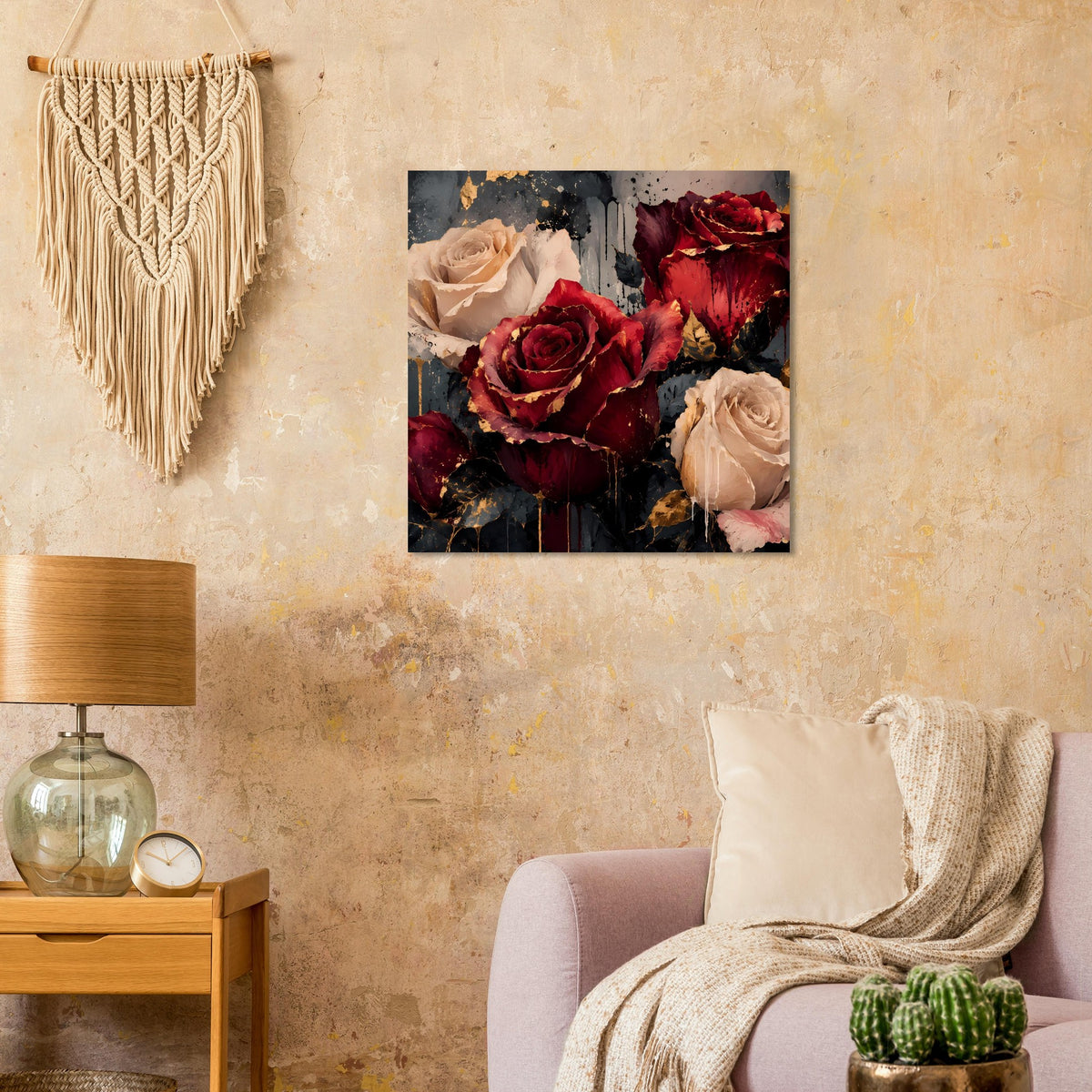 Kunstposter mit bordeauxroten und cremefarbenen Rosen, goldene Punkte und Farbstreifen