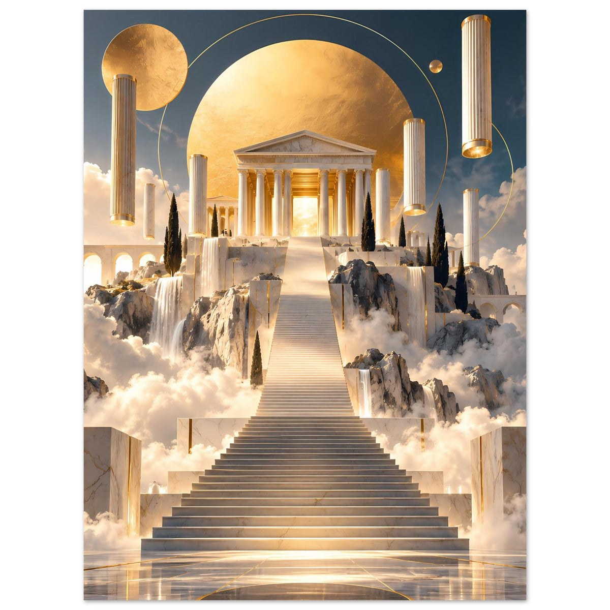 Wandposter mit goldenem Säulenportal, Treppe durch Wolken und Lichtreflexen auf Boden