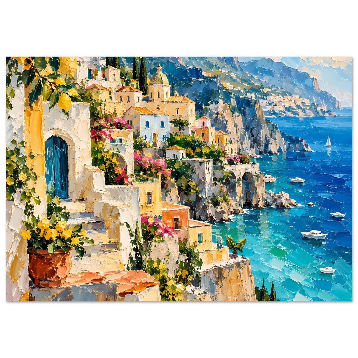 Mediterranes Küstenflucht-Poster: Blick auf Klippenhäuser mit gelben Wänden und türkisfarbenem Meer