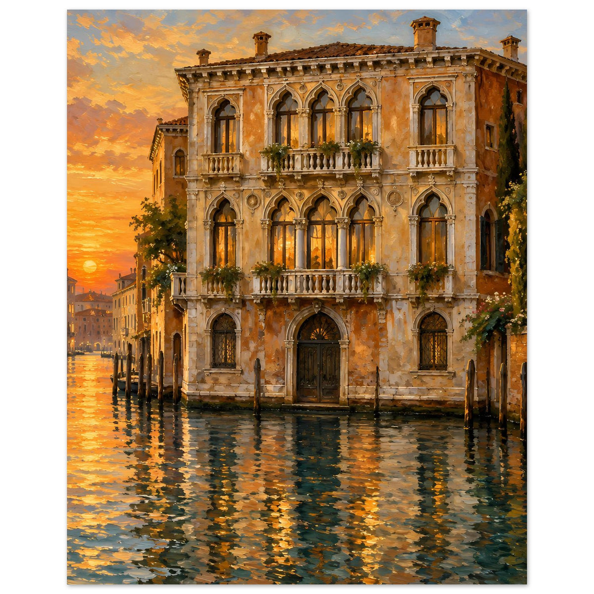 Venedig-Poster: Gebäude mit Bögen und Fenstern, Kanalansicht mit Sonnenuntergang