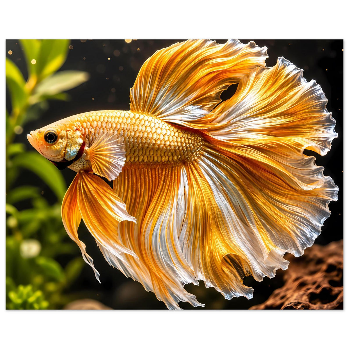 Deko-Poster: goldener Kampffisch mit weißen und orangefarbenen Flossen, seitlich