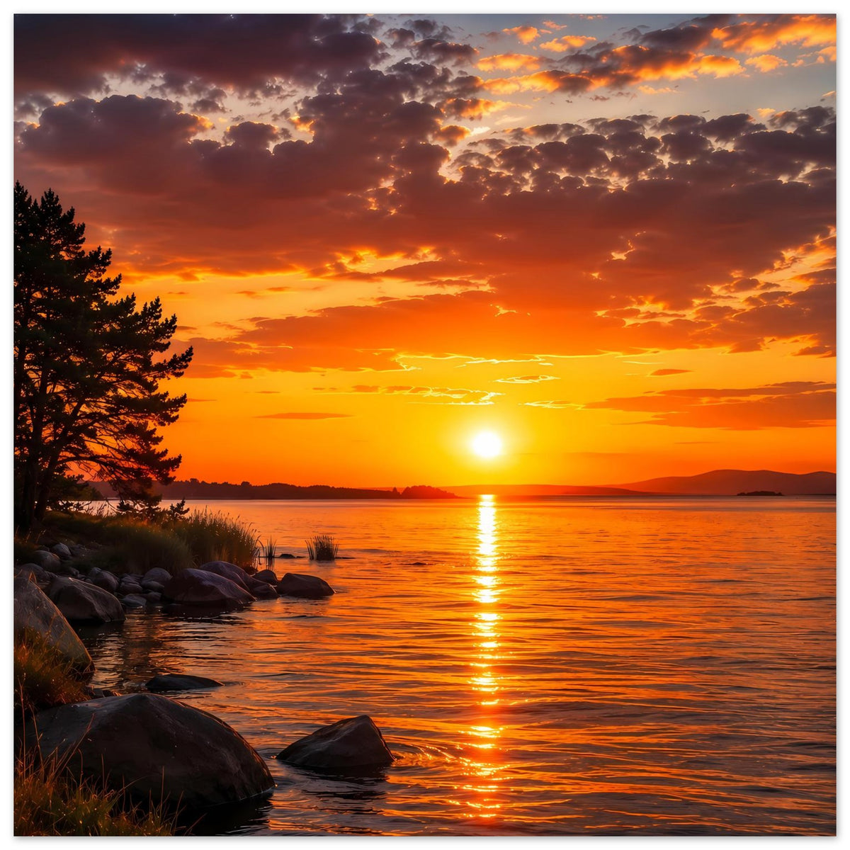 Poster Sonnenuntergang über See mit orangefarbenen Wolken, Spiegelung und Felsen