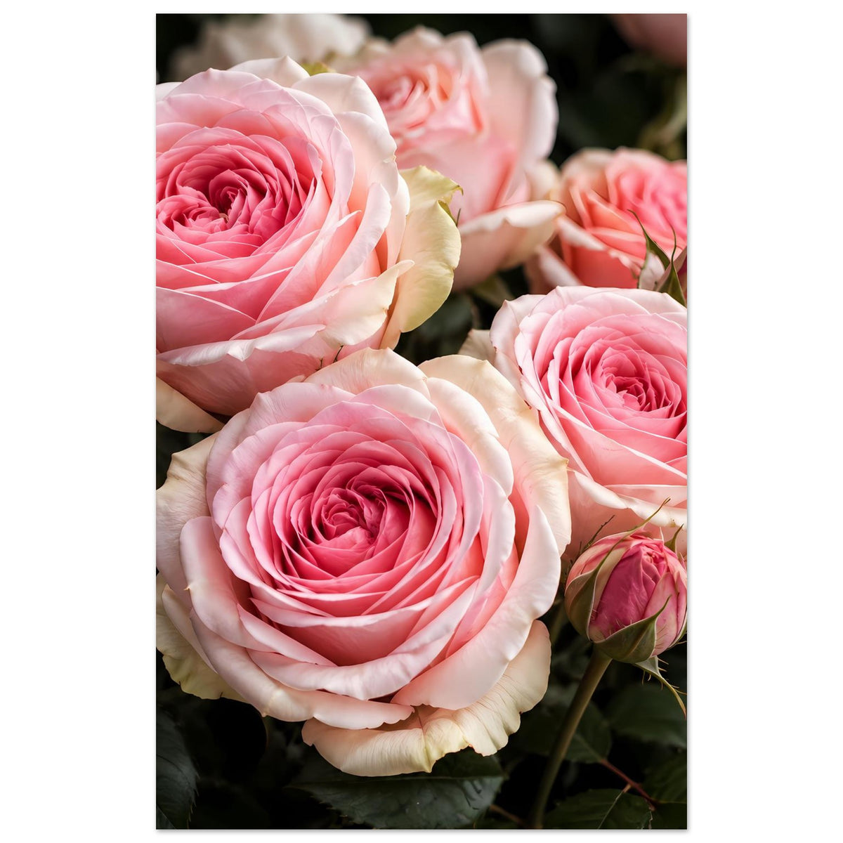 Vertikales Poster mit rosa Rosen und grünen Blättern, mehrere Blüten im Bild