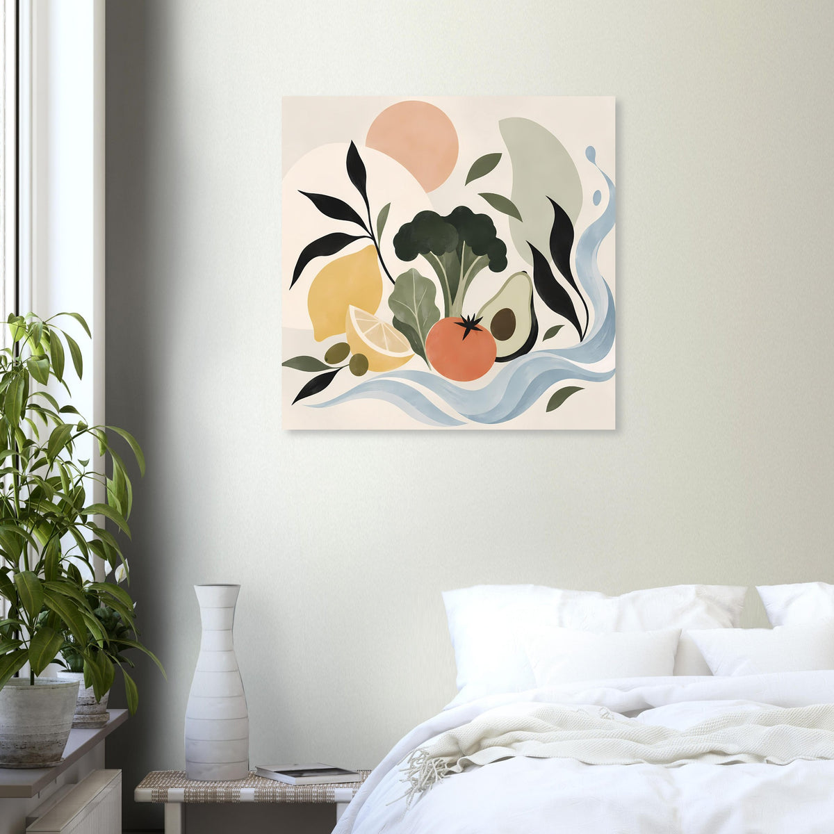 Wandposter mit abstraktem Botanikmotiv: Blätter, Beere, Frucht und geschwungene Linien im Meer-Look