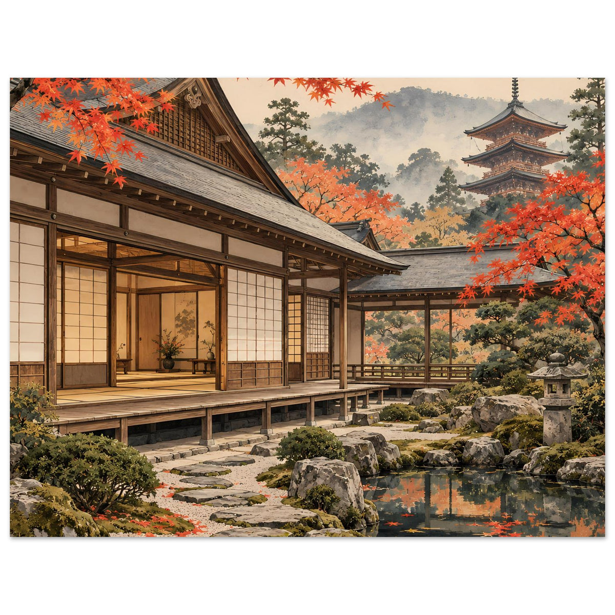 Querformat-Poster mit japanischem Herbstgarten: Holzgebäude, Steinweg, Teich und Pagode