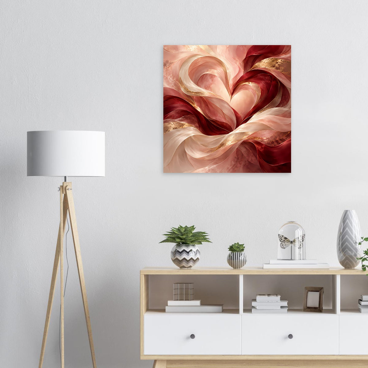 Abstraktes Herz-Poster in Rosé, Rot und Gold, quadratisch