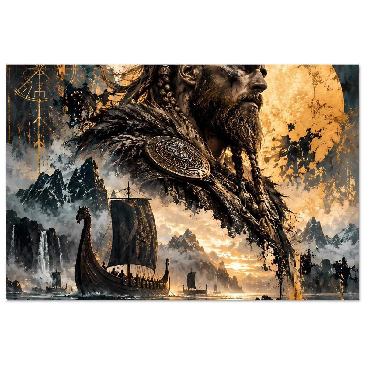 Vikingkrieger-Poster im Querformat mit bärtigem Nordmann, Schild, Langboot und Morgendunst