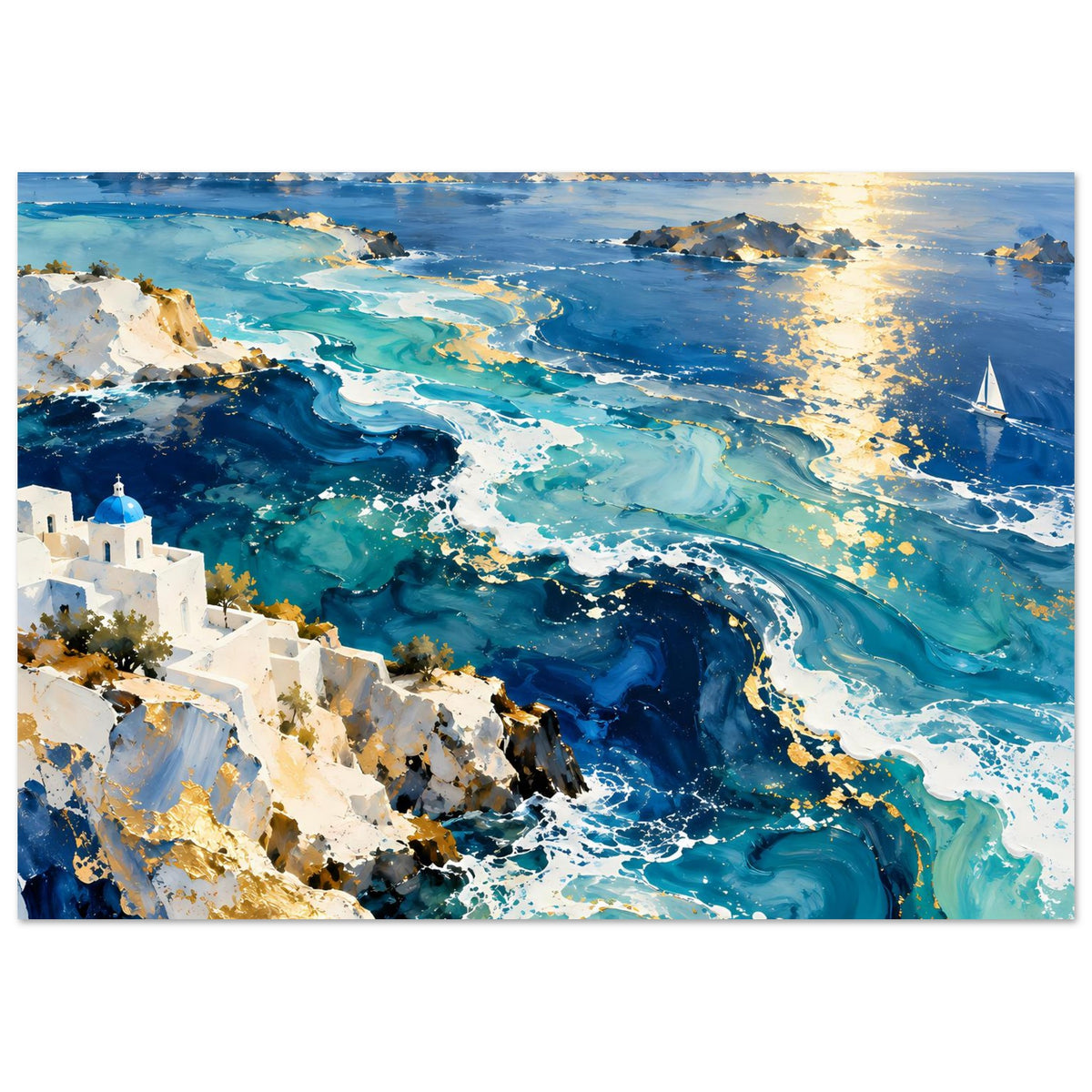 Poster mit türkisblauem Meer, Küste und weißem Gebäude; Segelboot rechts