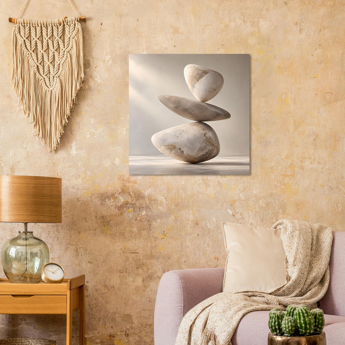 Quadratischer Kunstdruck: drei geschichtete Steine, sanfte Beige- und Grautöne