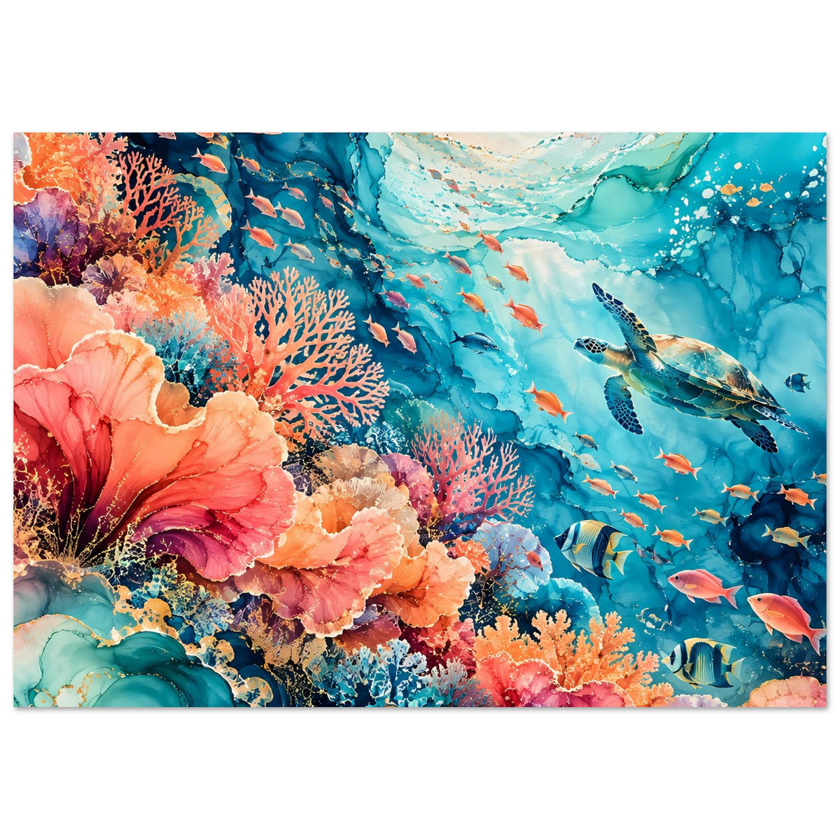 Unterwasserparadies-Poster: buntes Korallenriff mit Schwarm Fische, blaues Wasser