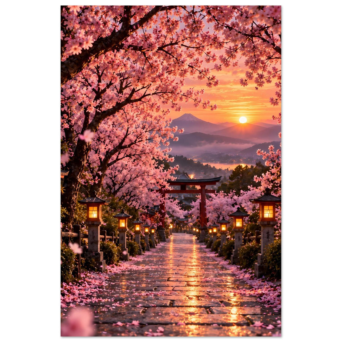 Sakura-Kirschblütenweg Poster mit Torii-Tor, warme Abendsonne, leuchtende Laternen am Weg
