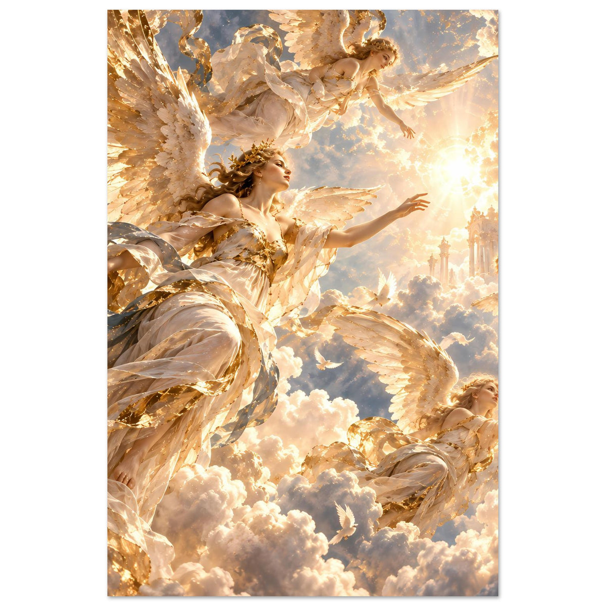 Premium-Mattposter hochkant: zentraler Engel mit goldener Krone und Flügeln, Licht über Wolken