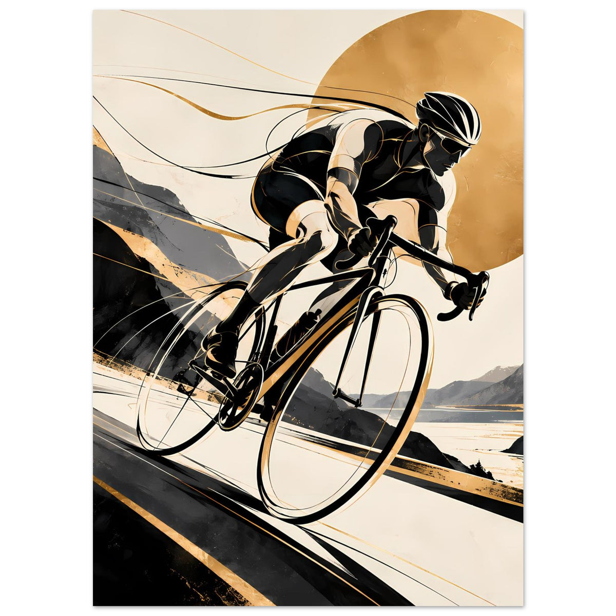 Sportposter mit Radfahrer und Fahrrad, Schwarz-Gold-Optik, hochkant