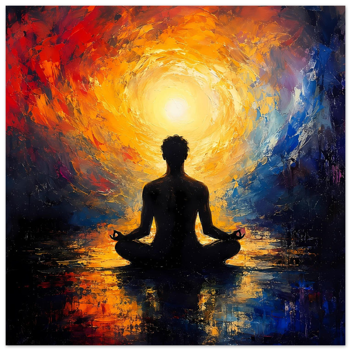 Meditations-Poster mit dunkler Silhouette im Schneidersitz und leuchtendem gelb-orangen Aura-Kreis