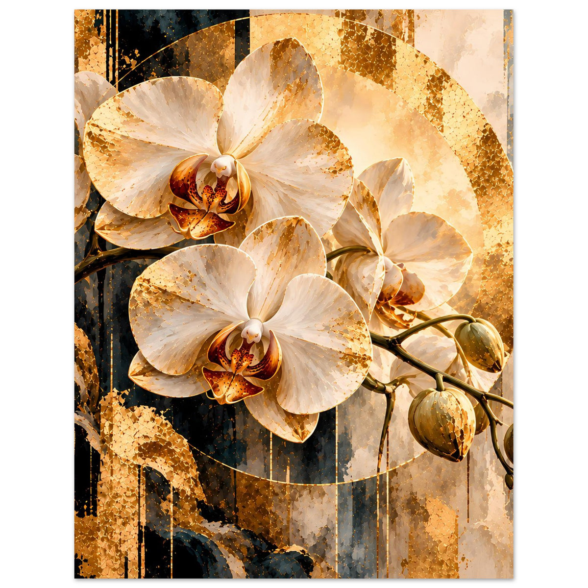 Orchideen-Kunstposter mit weiß-goldenen Orchideenblüten und verzweigtem braunem Ast