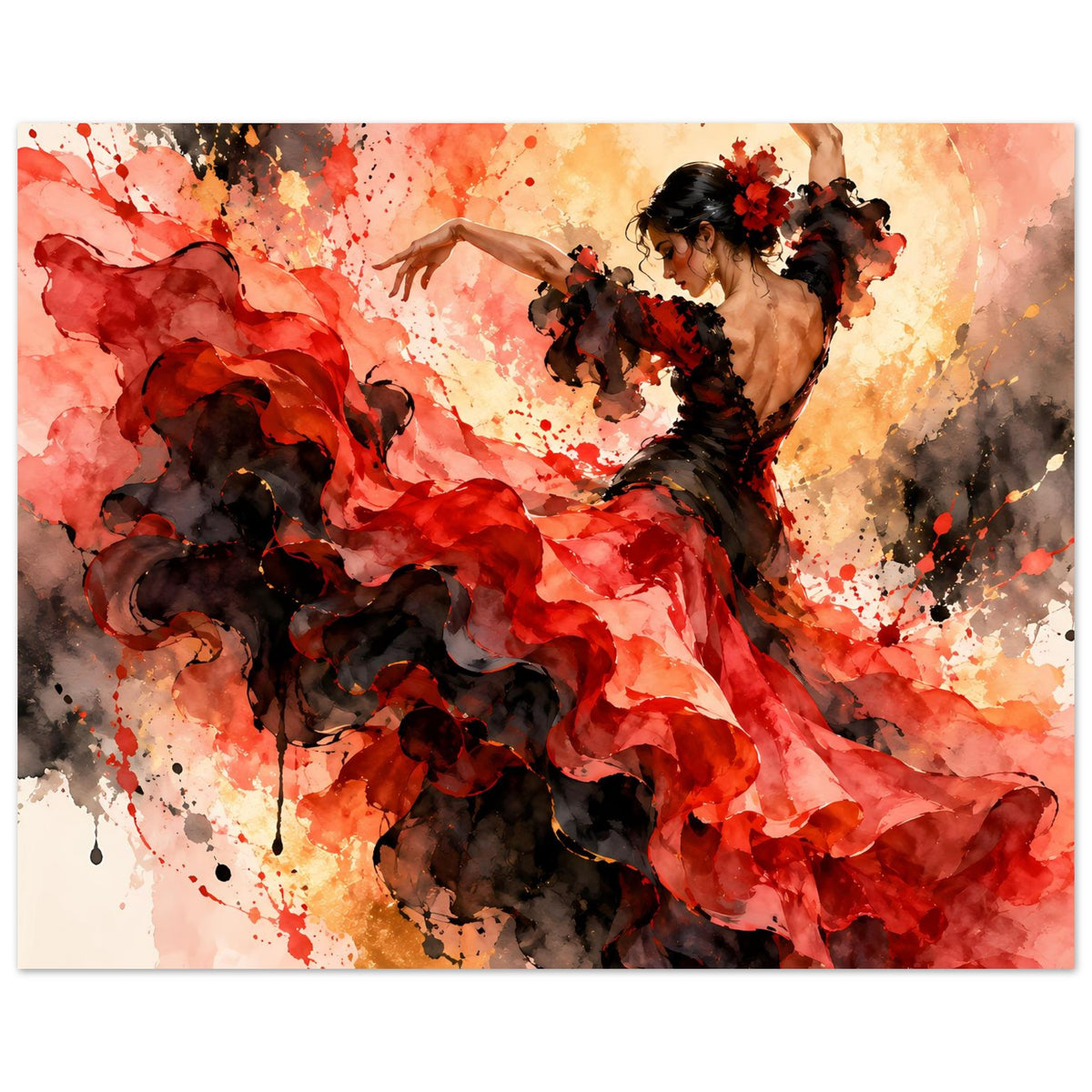 Tanzposter: Flamenco-Tänzerin in rotem, geschwungenem Rock und schwarzer Tracht