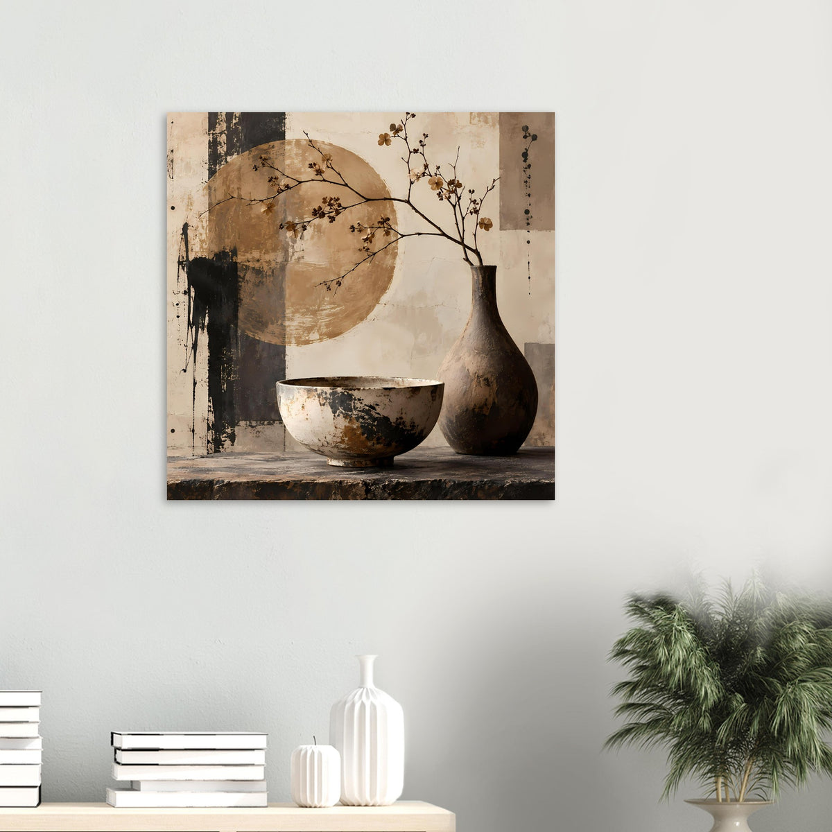 Stillleben-Poster, kleines Format: Vase und Schale mit verzweigten Ästen in Erdtönen