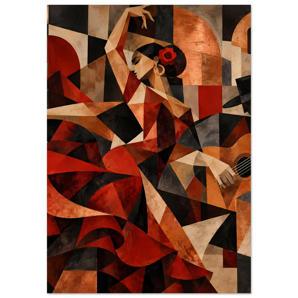 Kunstposter im Hochformat mit Flamenco-Figur, abstrakte Flächen in Rot-, Beige- und Brauntönen