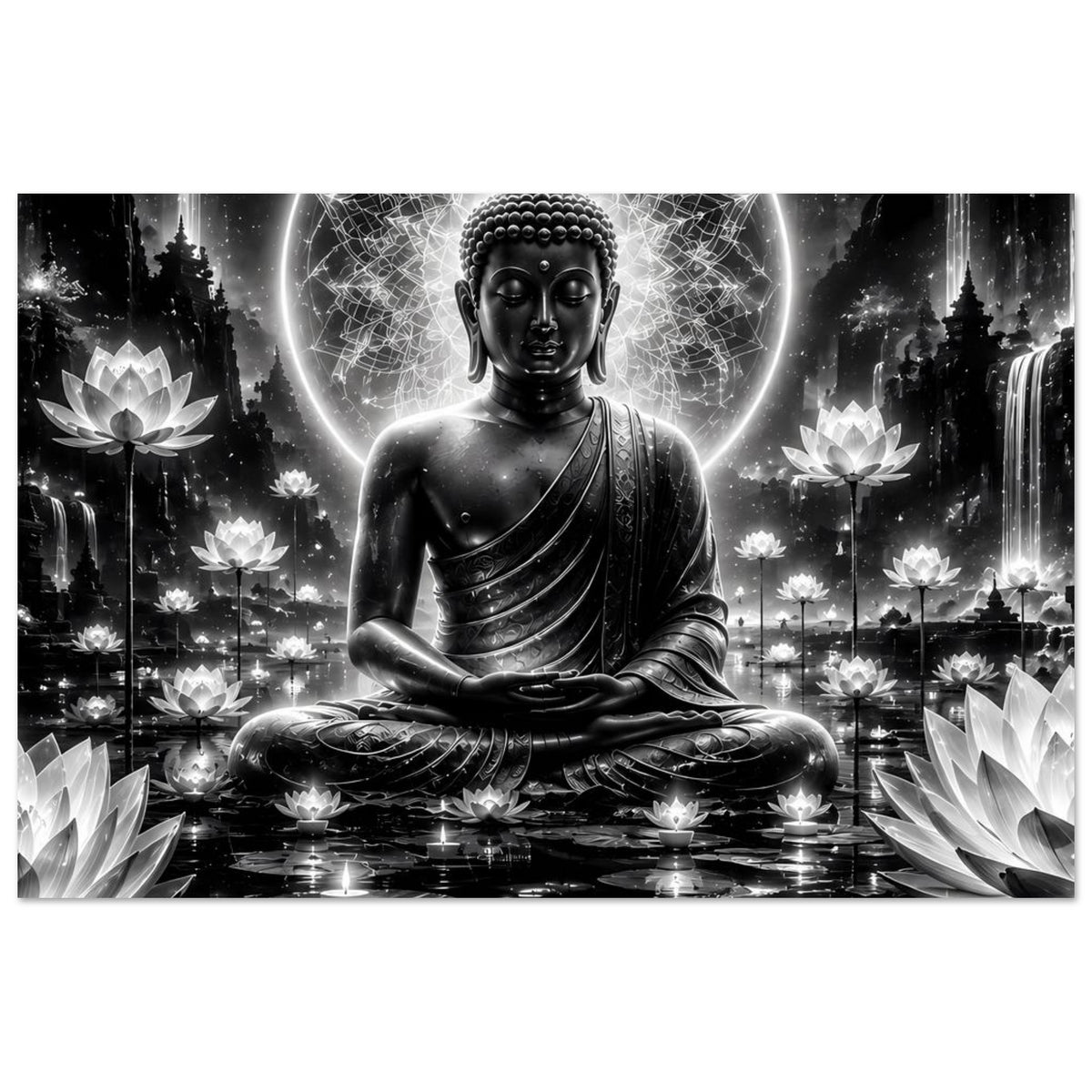 Buddha-Poster in Schwarzweiß mit sitzendem Buddha, Mandala-Aura und Lotus-Dekor