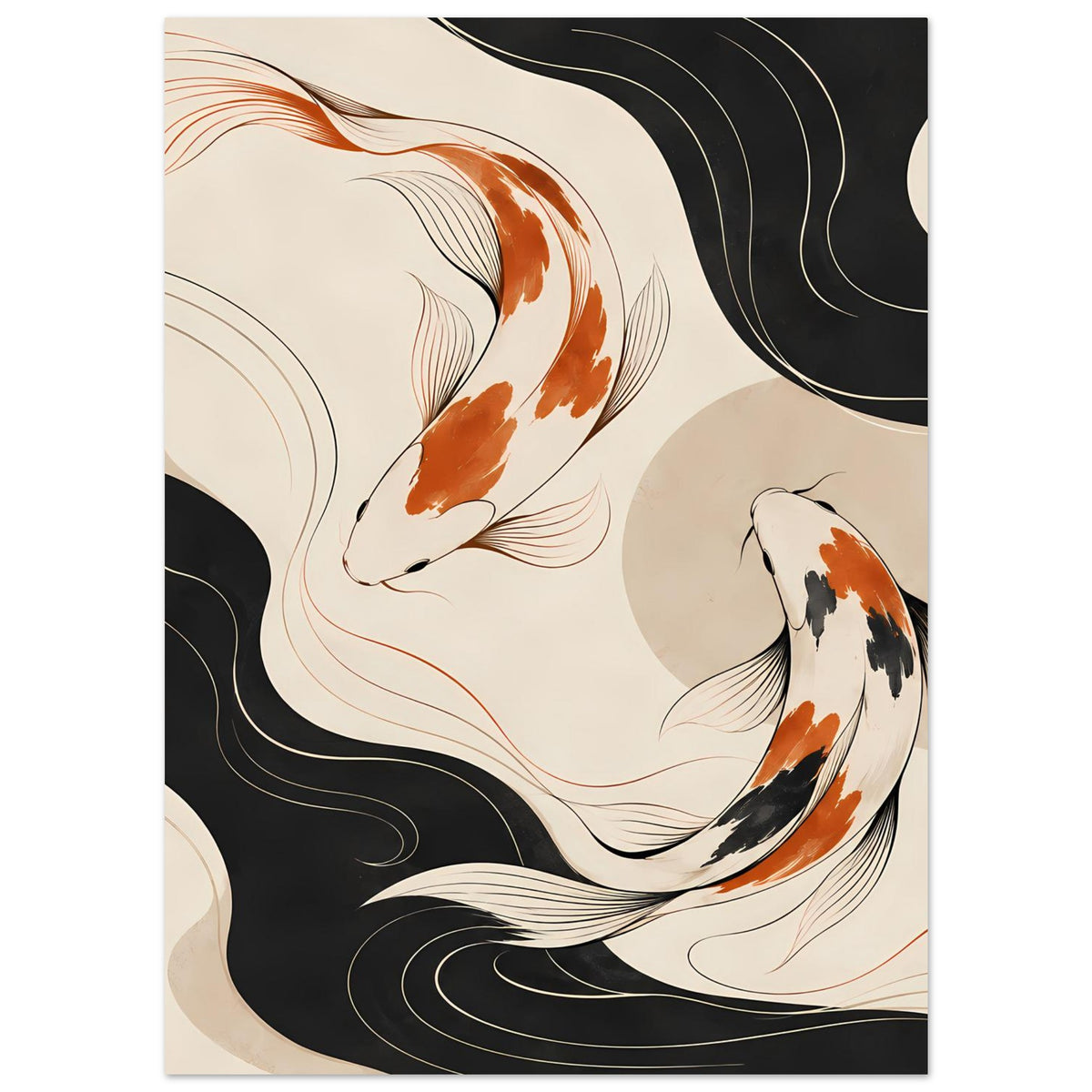 Poster-Design mit Koi-Fischen in Orange und Schwarz, Wellenmuster in Beige und Weiß