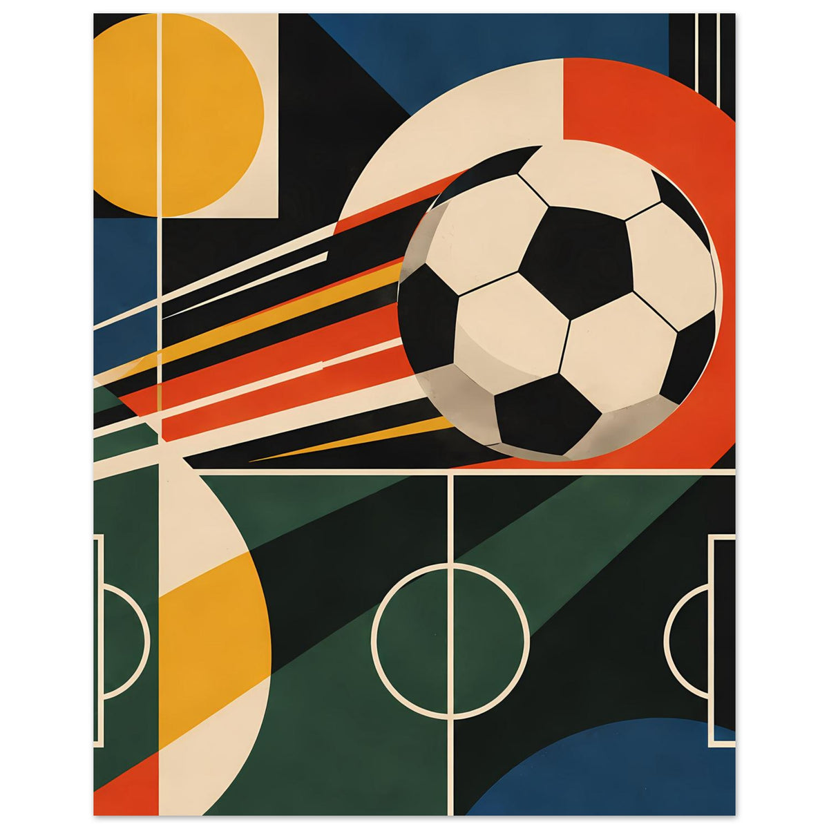 Geometrisches Fußball-Sportposter: Ball oben, Spielfeldkreise und bunte Linien im Motiv.