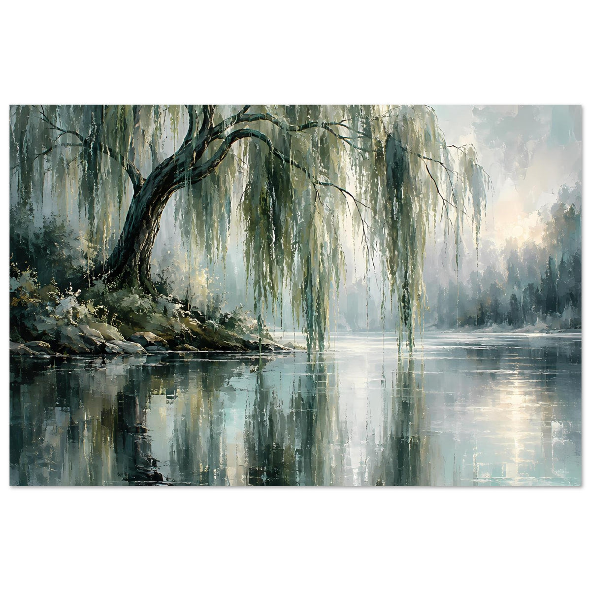 Querformat-Poster: Weiden am See mit weichen Lichtreflexen im Wasser