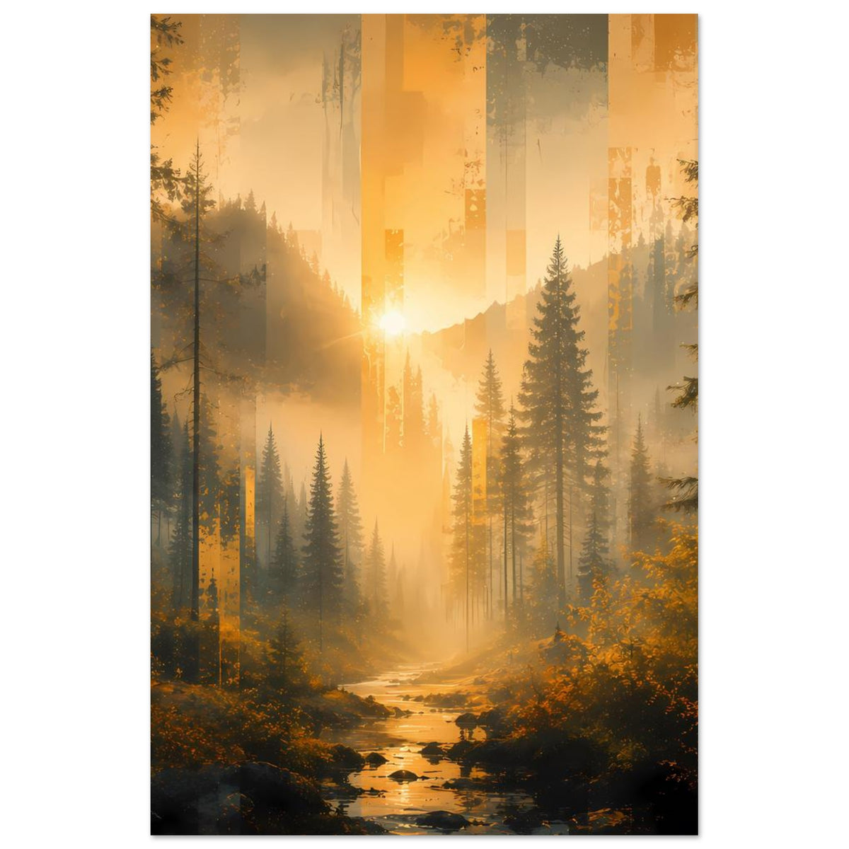 Wald-Poster im Hochformat: Sonnenstrahlen durch Nebel, Fluss mit kleinen Lichtpunkten