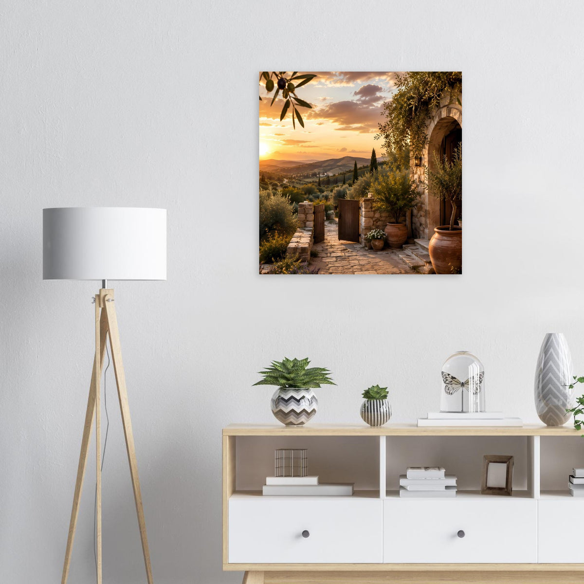 Wandposter mit toskanischem Weg und Terrassendetails bei warmem Sonnenuntergang