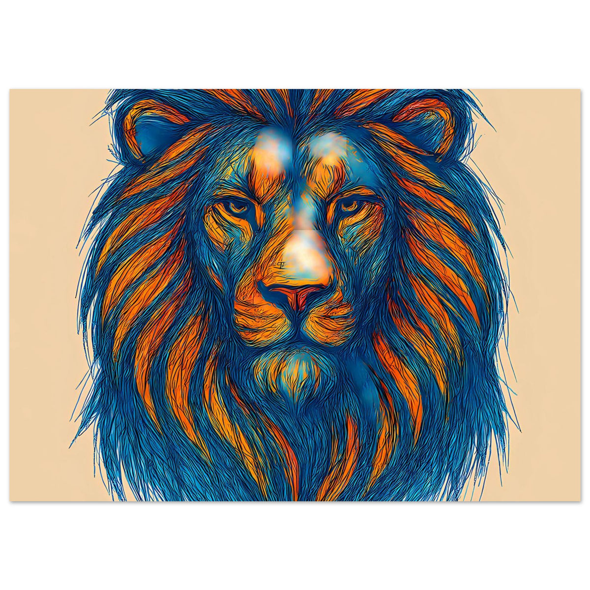 Löwenporträt-Poster, Nahansicht des blauen Löwenkopfs mit orangefarbenen Mähnenstreifen