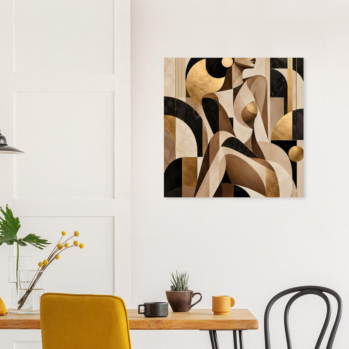 Quadratisches abstraktes Poster mit warmen Erdtönen, goldenen Punkten und schwarzen Elementen