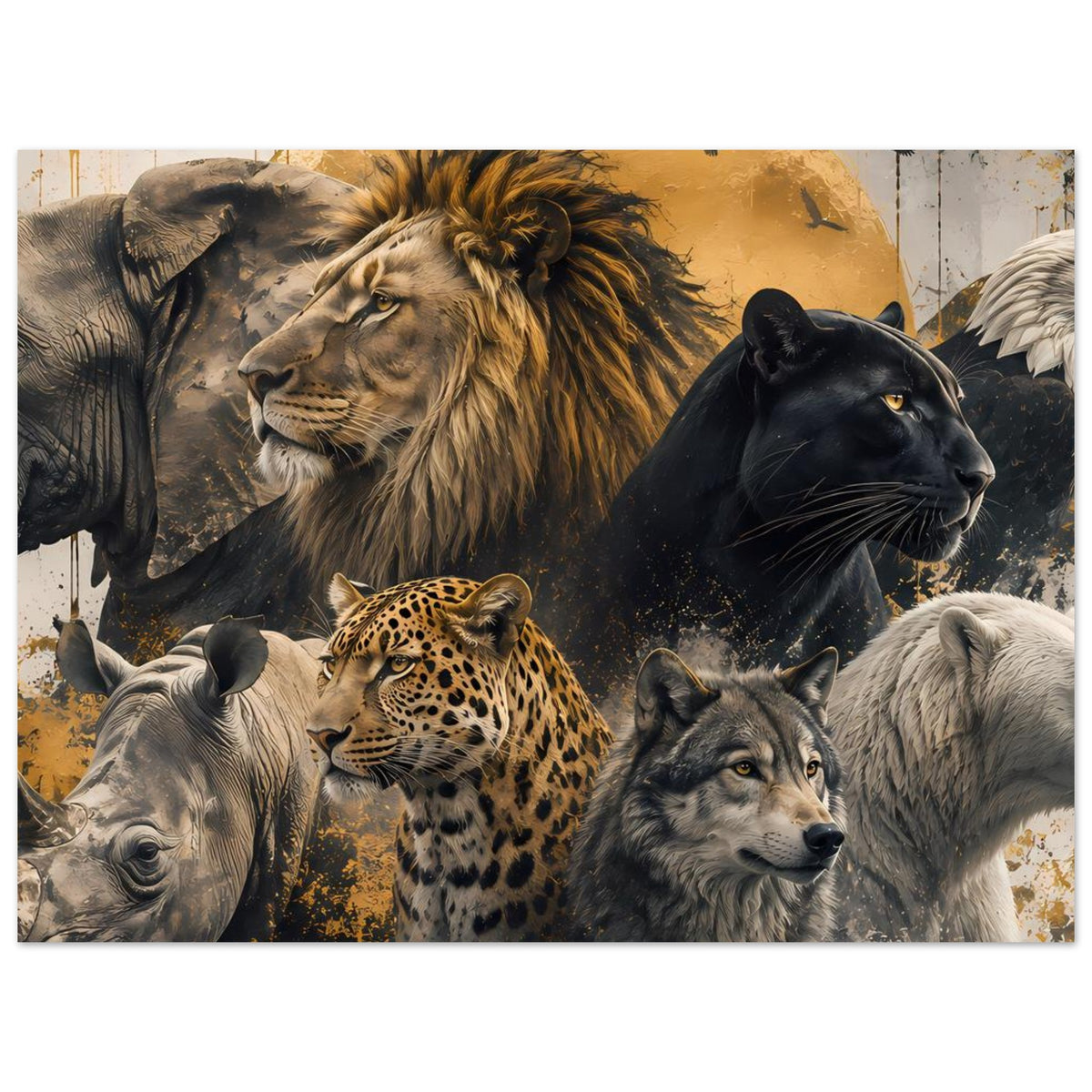 Wildtiere-Poster mit Löwe, Panther und Gepard; Hintergrund mit Spritz-Optik in Gold-Schwarz