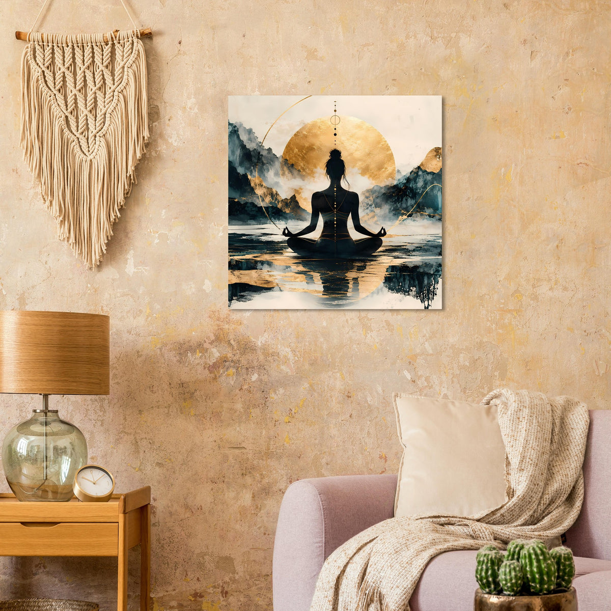 Quadratisches Wandposter mit Meditationsfigur in dunkler Silhouette, goldener Rundform