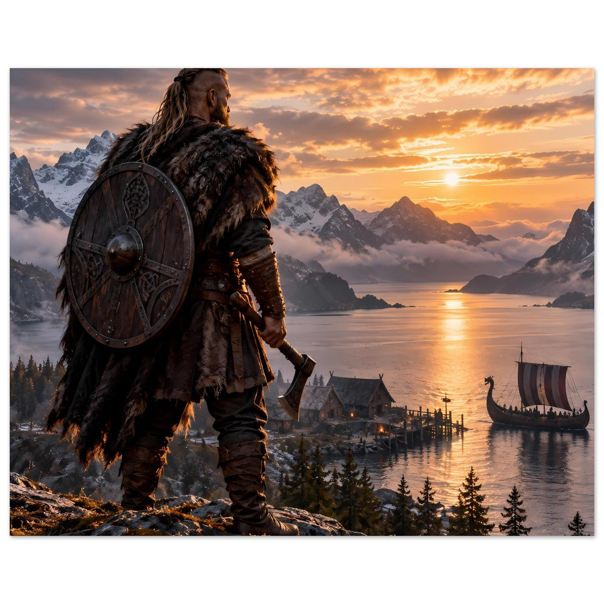 Poster mit Wikinger am Fjordufer, Rundschild, Berge im Hintergrund und Langboot rechts