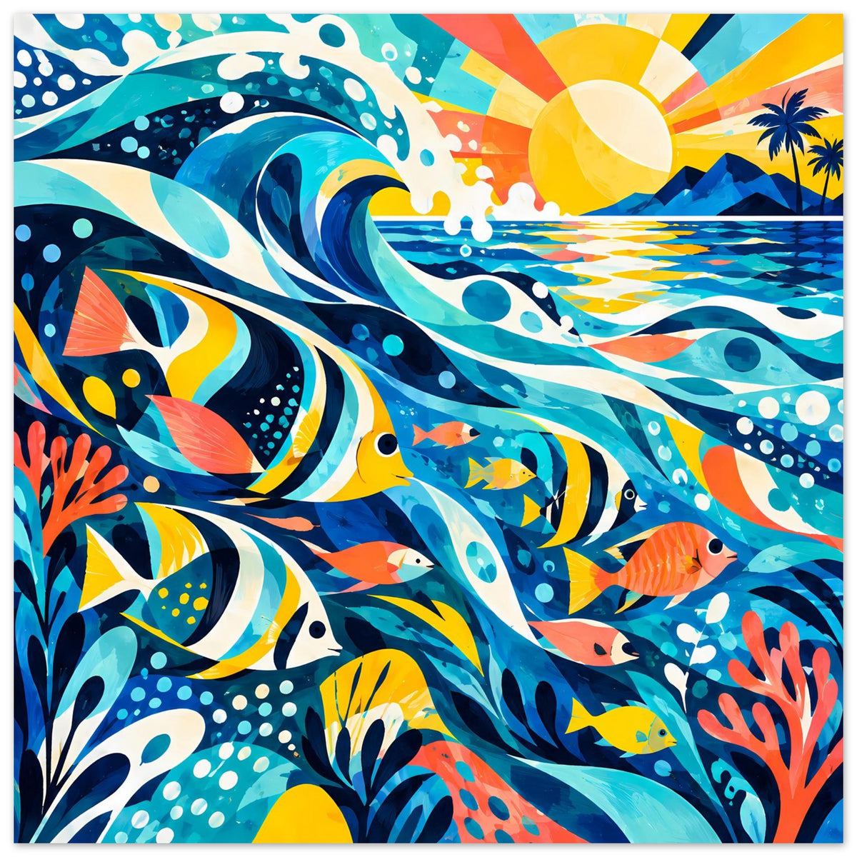 Buntes Ozean-Poster mit stilisierten Fischen, Wellen und Korallenriff, Sonne oben rechts