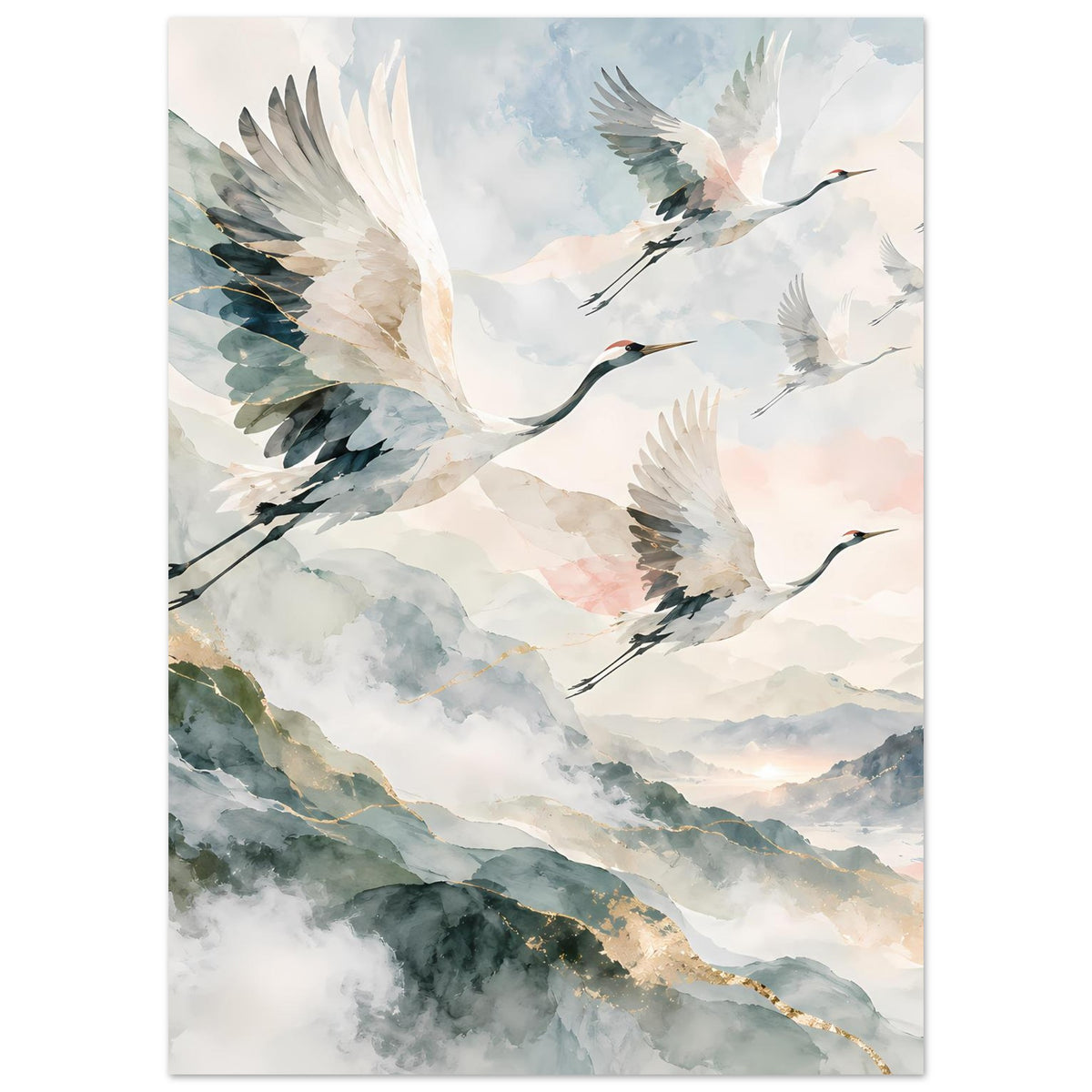 Poster mit fliegenden Kranichen, ruhiger Aquarellmalerei in Blau- und Pastelltönen, Goldakzent