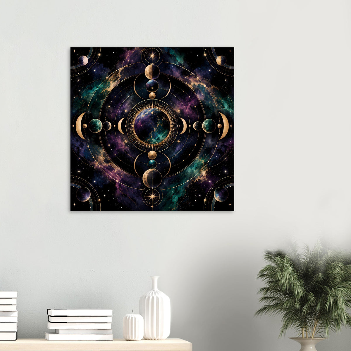Quadratisches gerahmtes Poster mit kosmischem Mondphasen-Design, goldene Kreise, Planeten