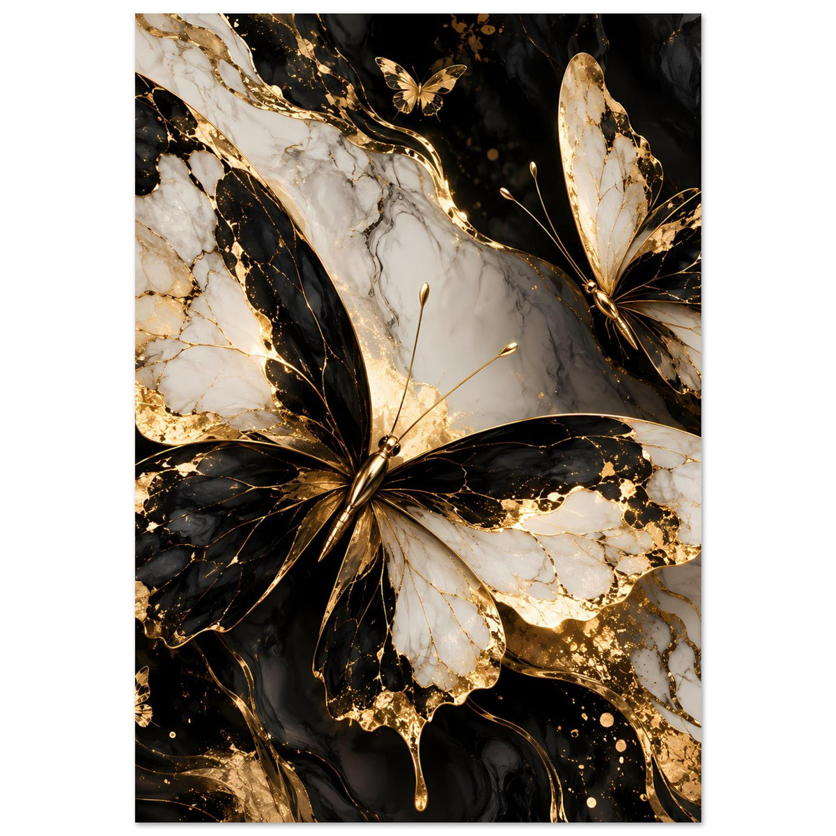 Naturposter: Schmetterling mit goldenen Akzenten und marmorgeädertem Hintergrund in Dunkel