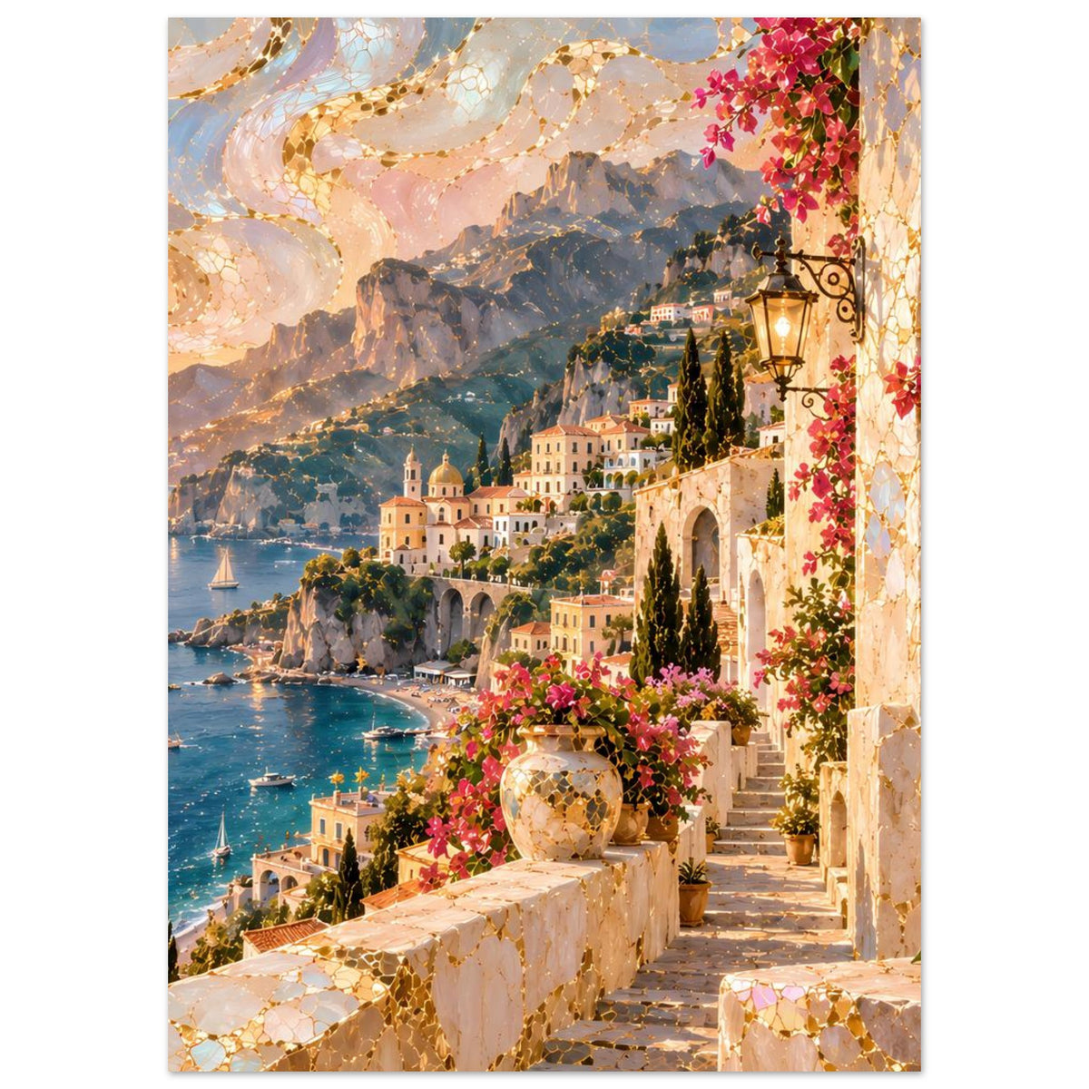 Vertikales Poster mit mediterraner Küste: Sonnenuntergang, Terrassen, Blumen und Berge am Wasser