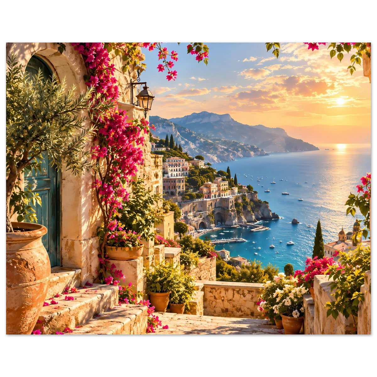 Küstenlandschafts-Poster: Sonnenuntergang über dem Meer, Balkon mit Blumentöpfen und Bergen