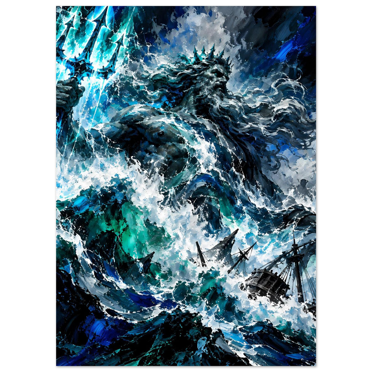 Sturm-Poster mit Poseidon und Wasserfontänen, dunkle Wolken und Blitze