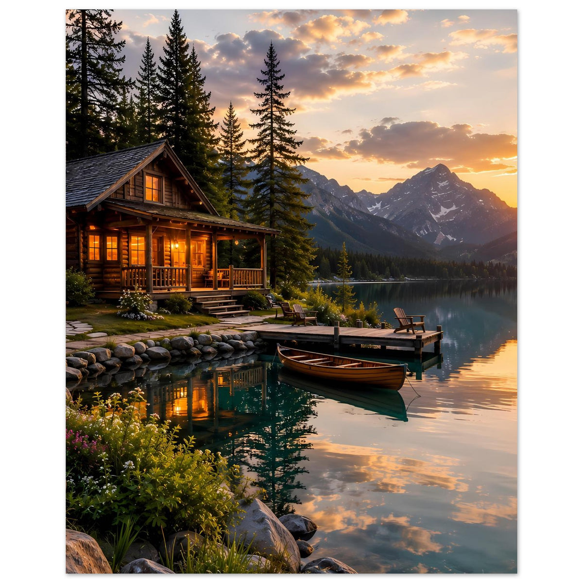 Hochformat-Poster: Holzhaus am See mit Boot, Spiegelung im Wasser und Berge beim Sonnenuntergang.