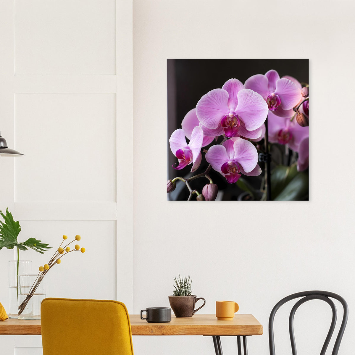 Poster mit pastellrosa Orchideenblüten im schwarzen rechteckigen Rahmen