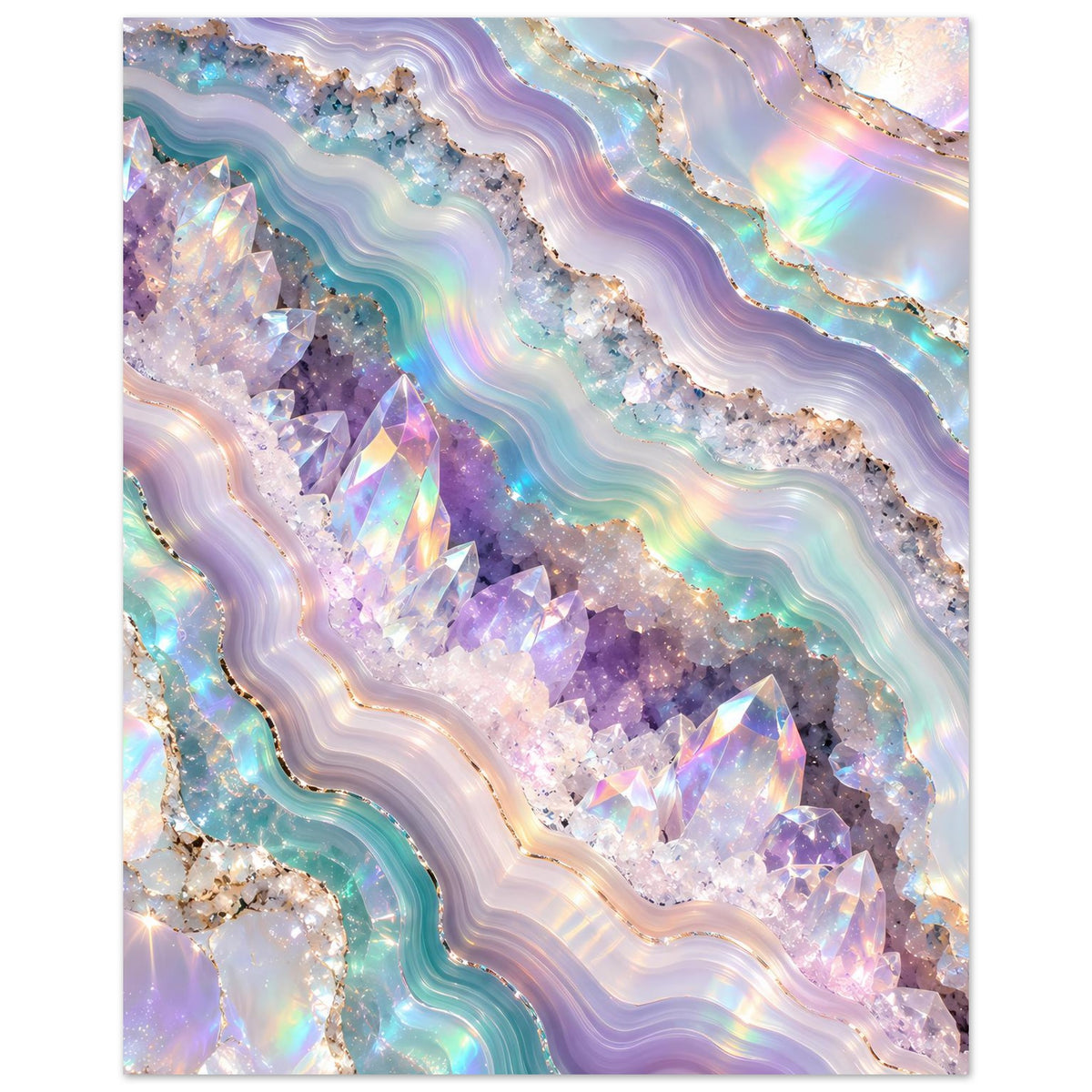 Holografisches Geode-Kristallposter, senkrecht: lila Kristalle, türkisfarbene Bänder, irisierend