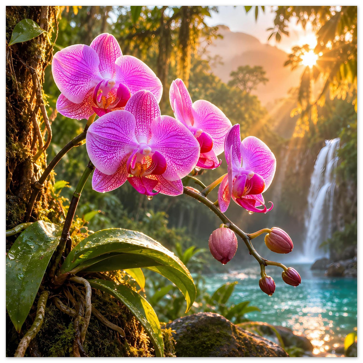 Poster mit pinken Orchideen an gebogenem Ast, Wasserfall und Grünpflanzen