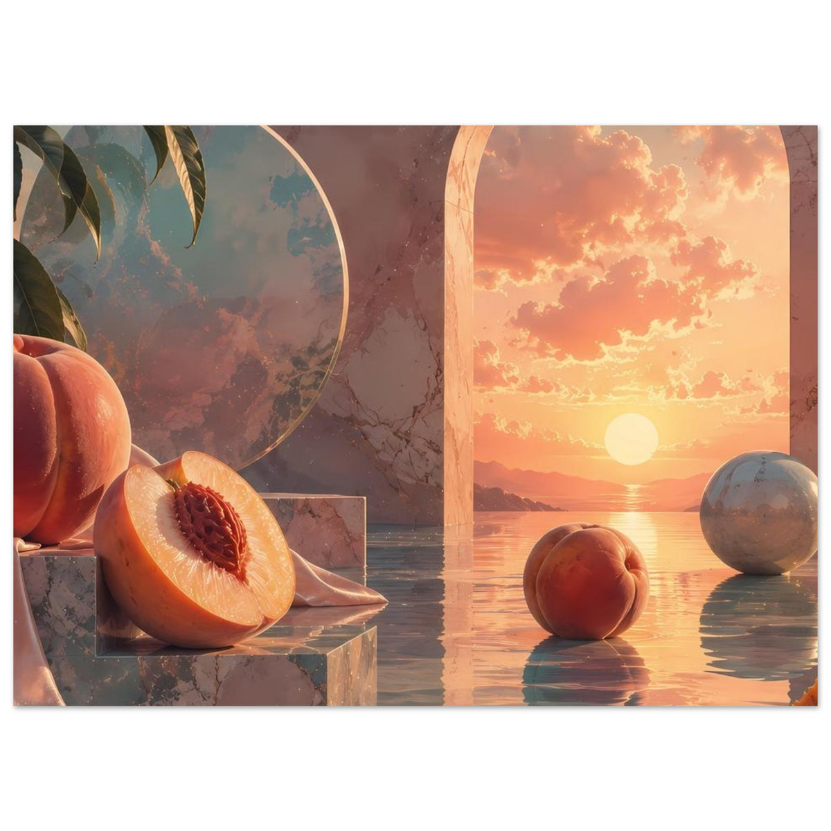 Poster mit aufgeschnittener Pfirsichhälfte, Kugelobjekt im Wasser, Rundbogen bei Sonnenuntergang