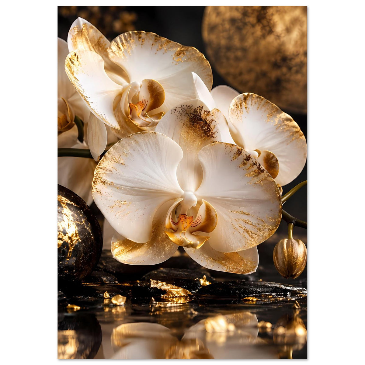 Orchideen-Poster mit zentraler weißer Blüte, gold verteilten Sprenkeln und dunklem Stein