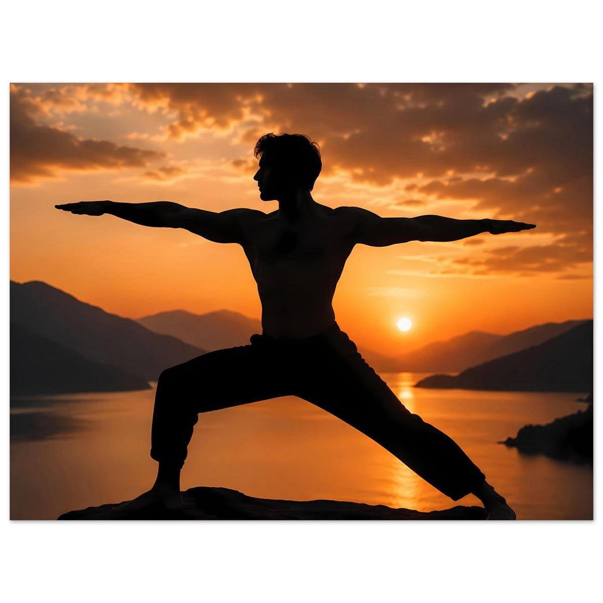Yoga-Poster im Hochformat mit Silhouette in Kriegerpose bei Sonnenuntergang